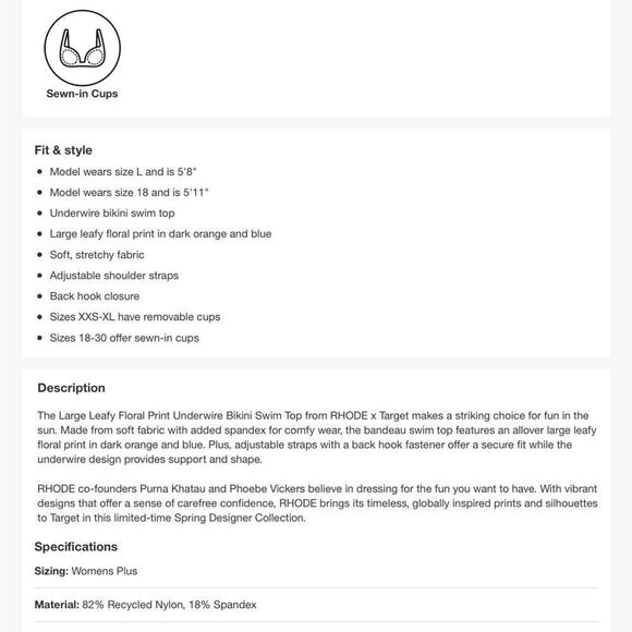 RHODE x Target Large Leafy Floral Print Underwire Bikini Swim Top Sz 18 NWT - Picture 9 of 13